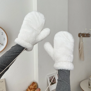 Plush white mittens for adults with anti-lost lanyard in a cozy winter setting