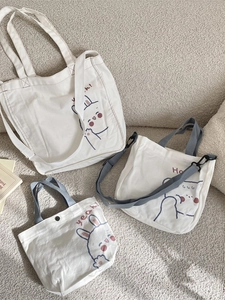 Sac Fourre-tout Kawaii En Toile Avec Imprimé Lapin Ours Bandoulière Réglable Pour Femmes Étudiantes Style Frais