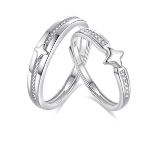 S925 Sterling Silver Star Couple Rings For Women Men Minimalist Open Adjustable Rhinestone Inlaid Ring Jewelry Fashion Gift