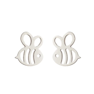 Polished stainless steel honeybee stud earrings with hollow wings on white background