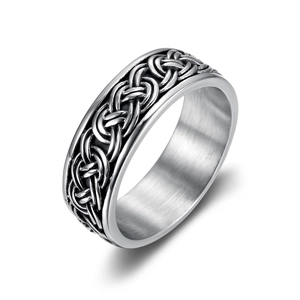 Celtic Knot Woven Ring Stainless Steel Men Vintage Nordic Band Jewelry Embossed Texture Polished Interior
