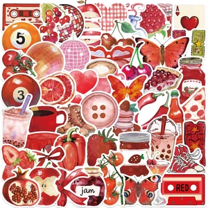 50 Pièces Autocollants en PVC Imperméables Thème Rouge pour Scrapbooking Ordinateur Valise Guitare DIY Autocollants Décoratifs