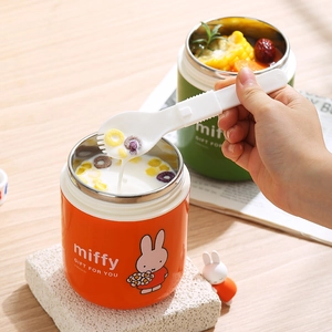 Orange and green Miffy insulated stainless steel soup jars with a folding spoon on a desk
