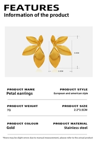 Detailed view of gold petal earrings in stainless steel with 2.2x3.5cm dimensions