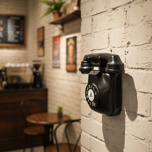 Vintage industrial wall-mounted rotary telephone model on white brick background