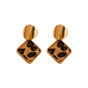Retro gold circular stud earrings with square leopard print pendants on white background