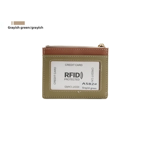 Slim RFID blocking card holder with grayish green and brown cross-grain leather texture