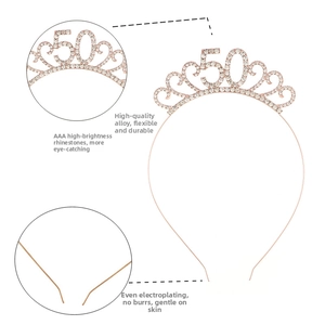 Close-up of rose gold 50th birthday tiara with AAA rhinestones and heart details