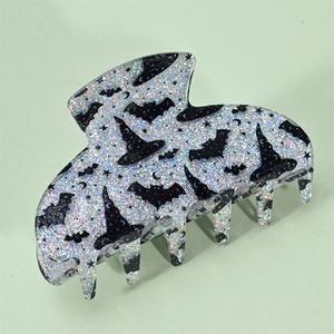 Pince à cheveux Halloween pailletée argentée avec motifs de chauve-souris et de sorcière