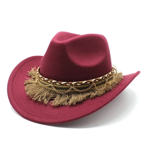 Retro burgundy wool felt cowboy hat with woven band, fringe tassels and gold chain detail