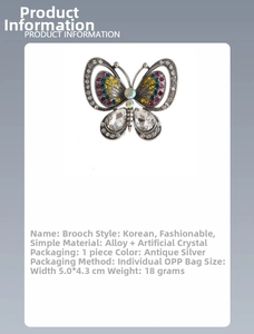 Detailed size and material info for butterfly brooch in antique silver and crystals