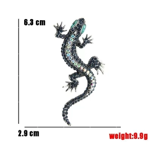 Detailed view of 6.3 cm lizard brooch featuring dark blue and colorful rhinestones