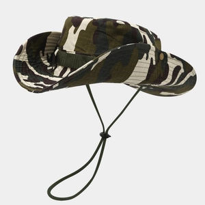 Detail view of the camouflage safari hat with wide brim, chin strap, and metal side buttons