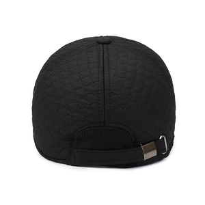Back view of black quilted winter baseball cap with ear protection and metal buckle