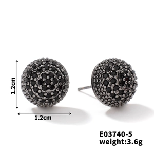 Detail view of 1.2cm black zircon stud earrings showing micro-pave setting and side profile