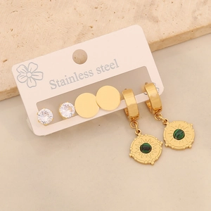Detailed set of 3 stainless steel earrings with malachite, zircon and sun charms