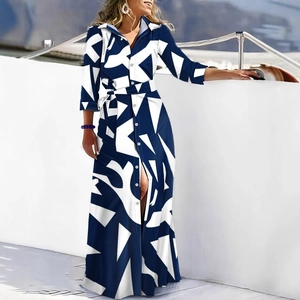 Blue and white geometric print long sleeve shirt maxi dress with waist belt and front slit