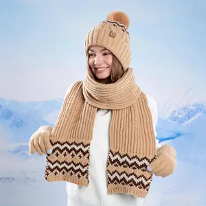 Winter 3-piece set with knitted beanie, scarf, and gloves in camel wavy pattern