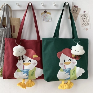 Japanese style canvas tote bag with cute duck print and plush cloud charm accessory