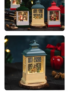 Detail of Christmas lantern with micro scene inside, warm LED light and snow effect