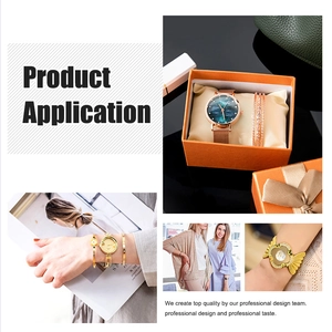 Detailed view of rose gold women's watch and luxury clover bracelet set in gift box