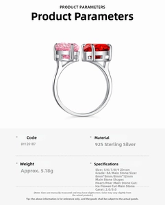 Fiche technique de la bague en argent S925 avec zircons cœur et poire en taille fleur.