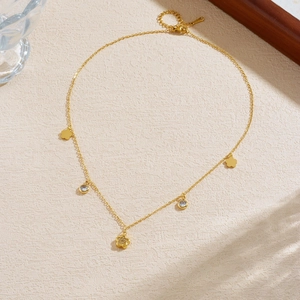 Gold plated stainless steel necklace with small floral charms and round zircon pendants