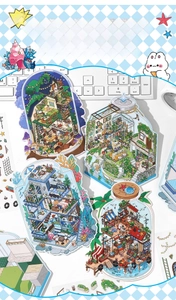 Macro view of 2.5D miniature scenery stickers featuring forest huts and garden themes