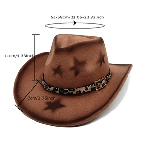 Brown western cowboy hat with star patterns and leopard print belt in a 45-degree view