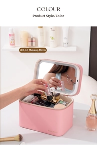 Pink lychee leather makeup case with large LED lighted mirror and spacious interior