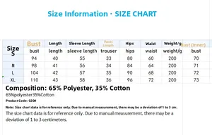 Size chart for women's 3-piece loungewear set with bust, waist and length dimensions
