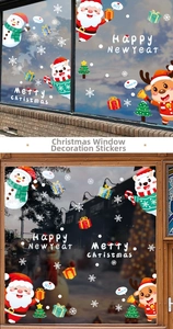 Detail showing Santa Claus and reindeer window stickers in a festive glass door setting
