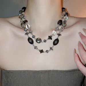Retro Double Layer Beaded Necklace With Wood Glass And Metal Beads Geometric Round Niche Design For Women