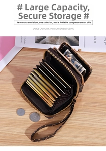 Detail of compact wallet featuring nine accordion card slots and a metal clasp coin pocket