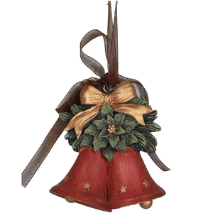 Vintage 3D Christmas tree hanging decoration with red resin bells and green holly leaves