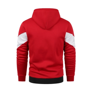 Back view of a red hooded sweatshirt featuring white sleeve panels and black ribbed cuffs