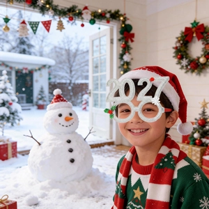Modell trägt 2027 Silberglitzer-Brille mit Stechpalmen- und Beeren-Weihnachtsdeko