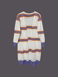 Cardigan lungo da donna con strisce viola e arancioni e design senza chiusura frontale