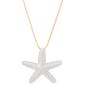 Silver starfish pendant necklace with a beige woven cord on a clean white background
