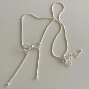 Minimalist 925 sterling silver bow snake chain necklace with adjustable closure