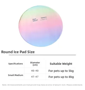 Detailed size chart for round cooling gel pet mats with diameter and weight capacity