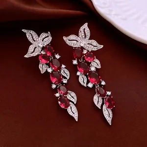 Vintage Leaf Red Zircon Tassel Dangle Earrings With 925 Sterling Silver Earring Post Copper Luxury Jewelry