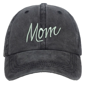 Detailed view of Mom embroidery on washed cotton baseball cap with vintage finish