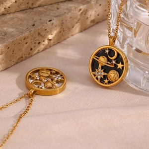 Golden stainless steel necklaces featuring celestial planet, moon, and star charms