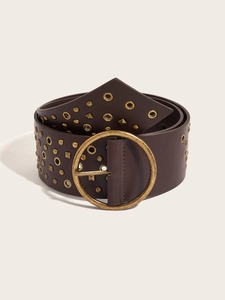 Detail view of brown PU leather belt with round metal buckle and rivet studs