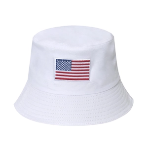 White cotton bucket hat featuring a detailed American flag embroidery on the front