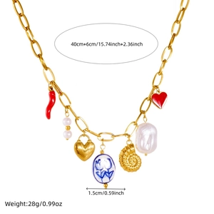 Gold necklace with pearl, chili, heart, and shell charms, 46cm length and 28g weight