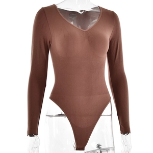 Detail of coffee brown ribbed V-neck long sleeve bodysuit with thong cut on mannequin