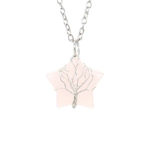 Macro detail of star-shaped rose quartz tree of life pendant with silver wire wrap