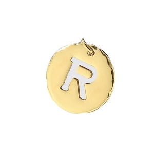 Polished gold and silver round stainless steel charm pendant with letter R detail